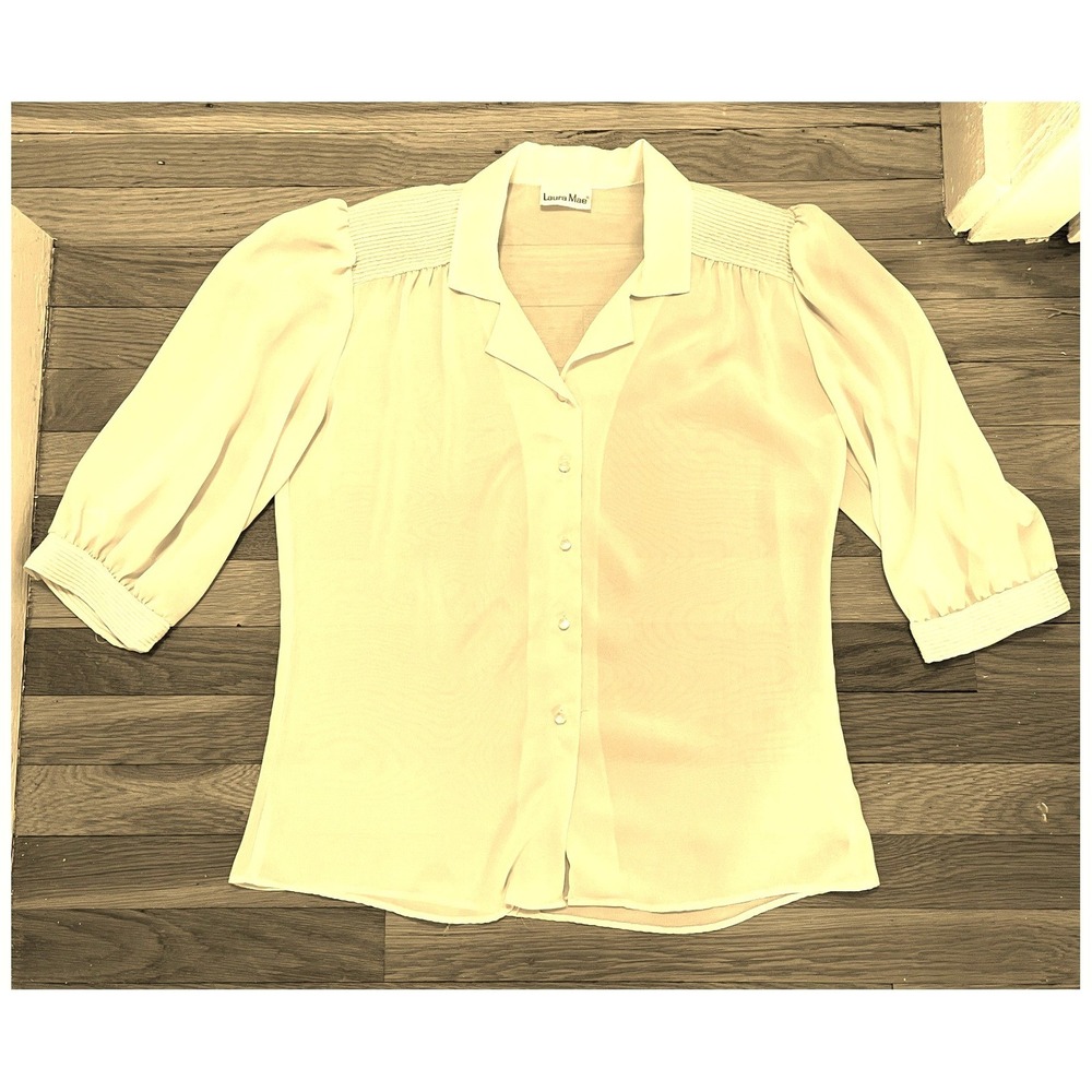 Vintage Yellow Sheer Blouse Large Pin Tuck Detail‎ Puff 3/4 Sleeve 1970s EUC